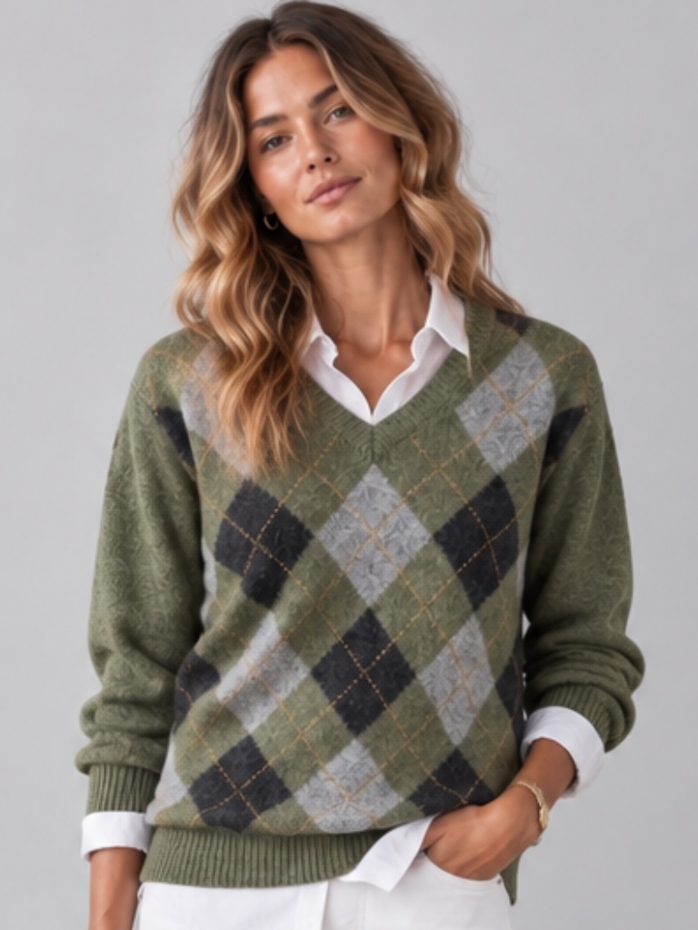 J.CREW Argyle Wool V-Neck Sweater Green Gray Oversized Preppy M EUC